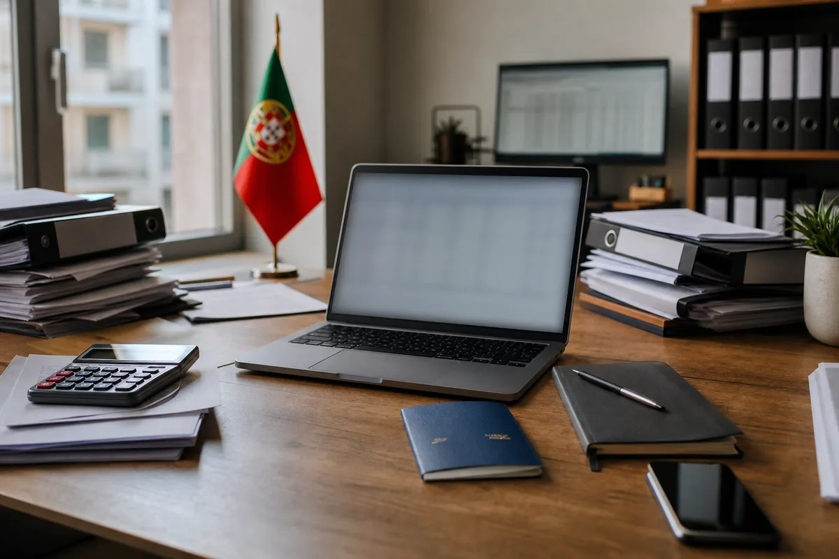 Portátil, passaporte e caderno sobre uma mesa, para abrir empresa em Portugal à distância