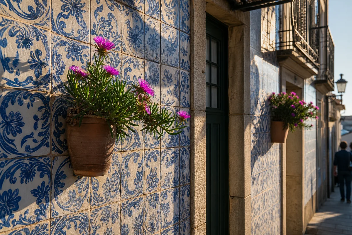 Fachada com azulejos azuis e brancos