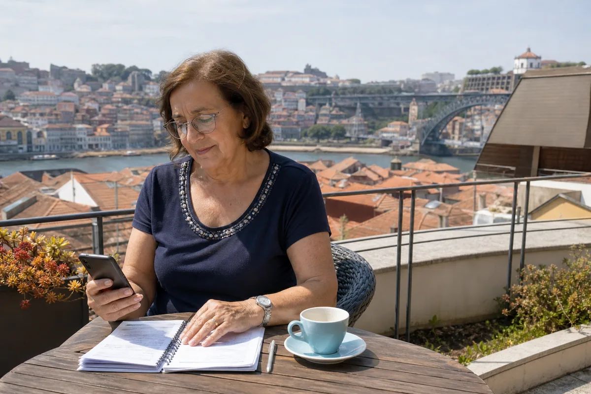 Aposentada conferindo as contas do mês para morar em Portugal