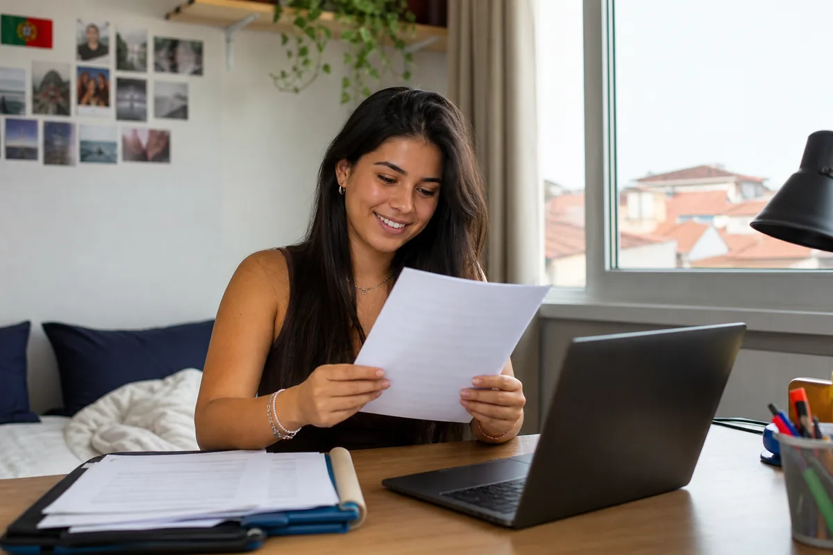 Estudante a ler a carta de concessão de uma bolsa de estudo