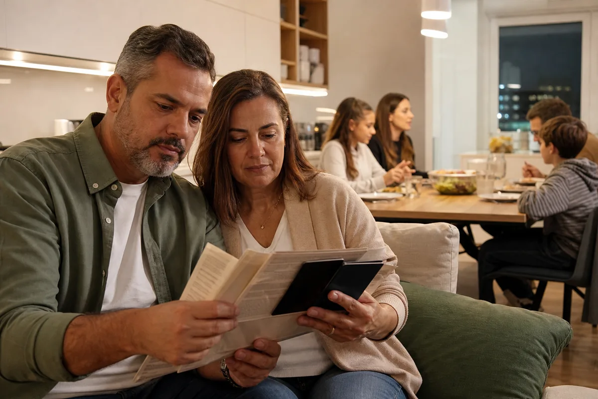 Casal brasileiro conferindo a certidão de casamento para o cartão de residência do cônjuge