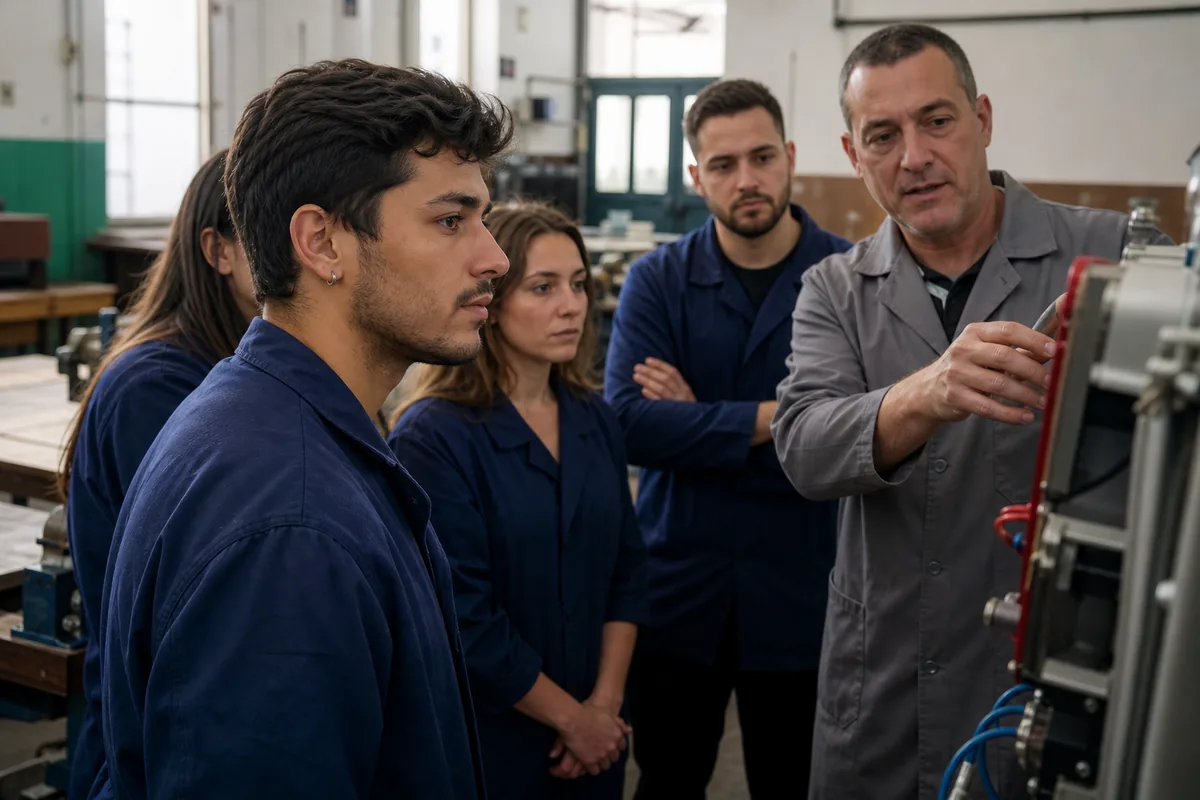 Estudantes num curso técnico em Portugal, numa aula prática em oficina
