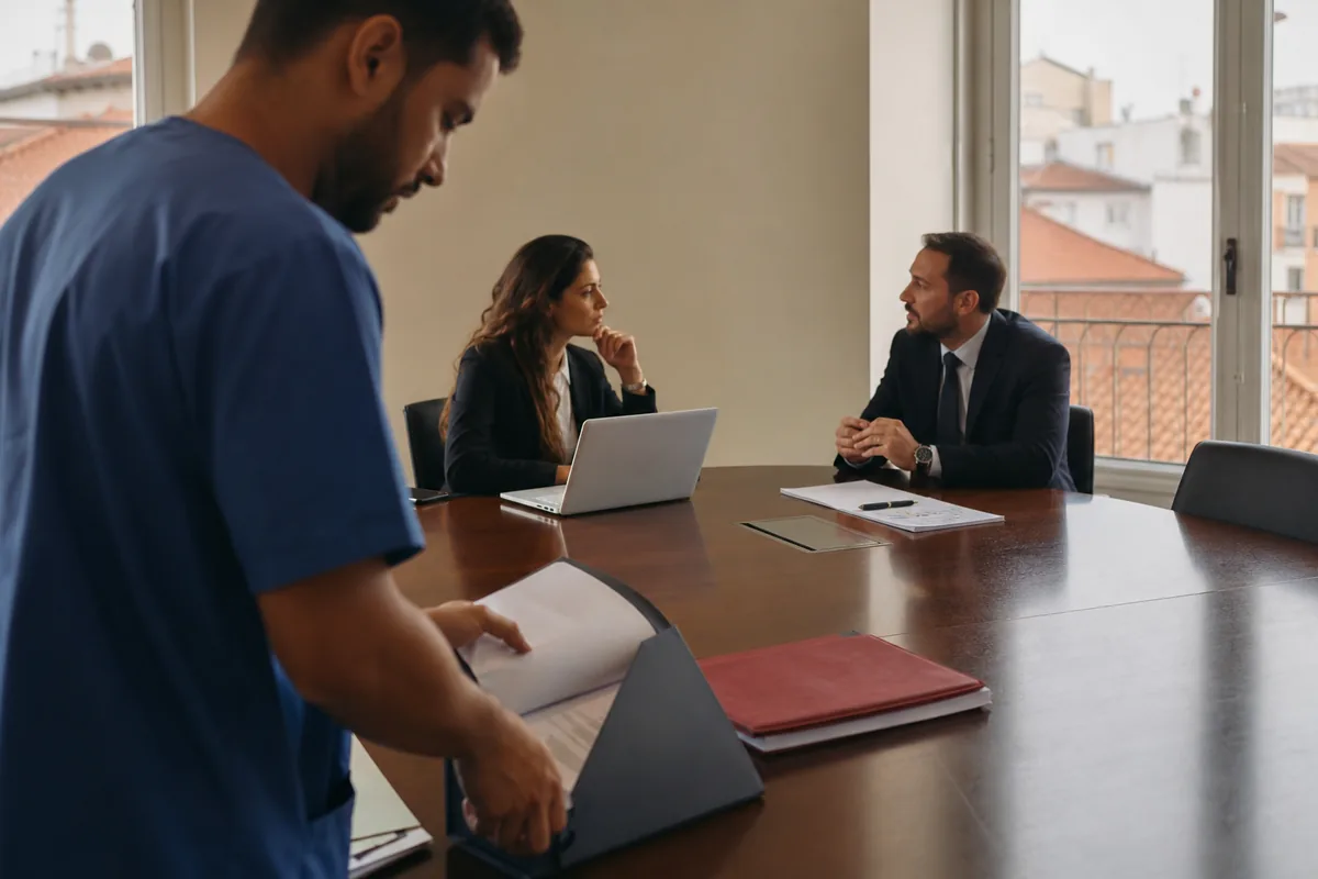 Enfermeiro de farda azul organizando documentos numa pasta