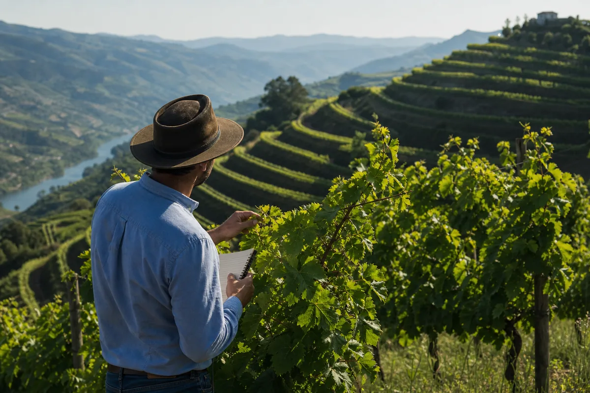 Engenheiro agrónomo a observar as folhas de uma vinha