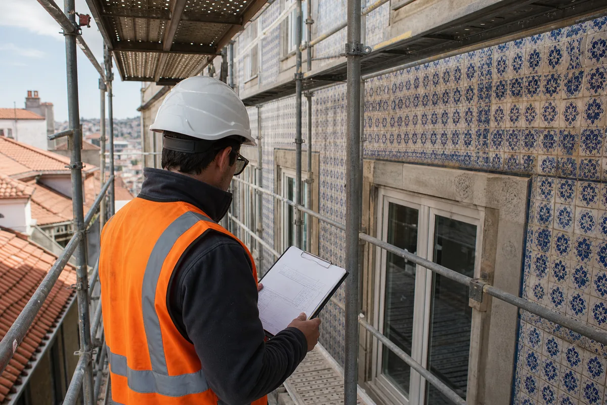 Engenheiro civil a conferir uma laje numa obra no Porto