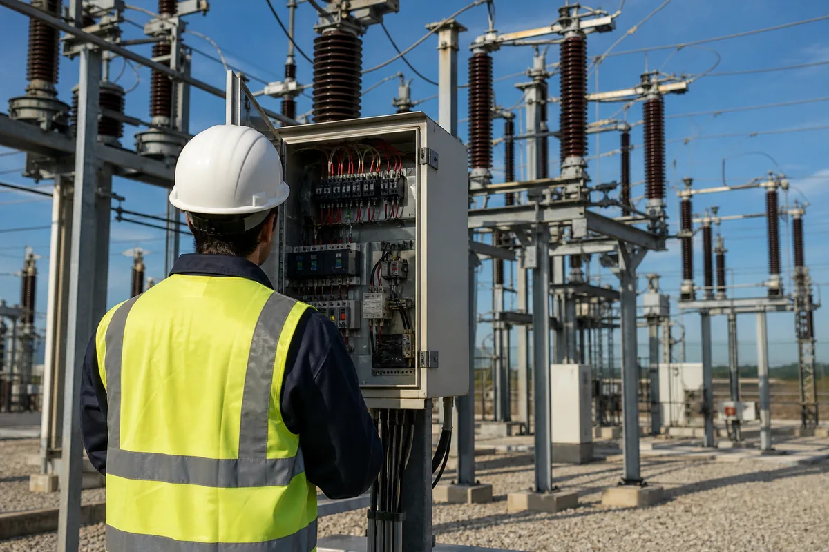 Engenheiro eletrotécnico a inspecionar um quadro elétrico num edifício