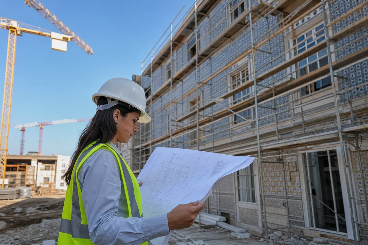 Engenheira a conferir uma planta numa obra em Lisboa
