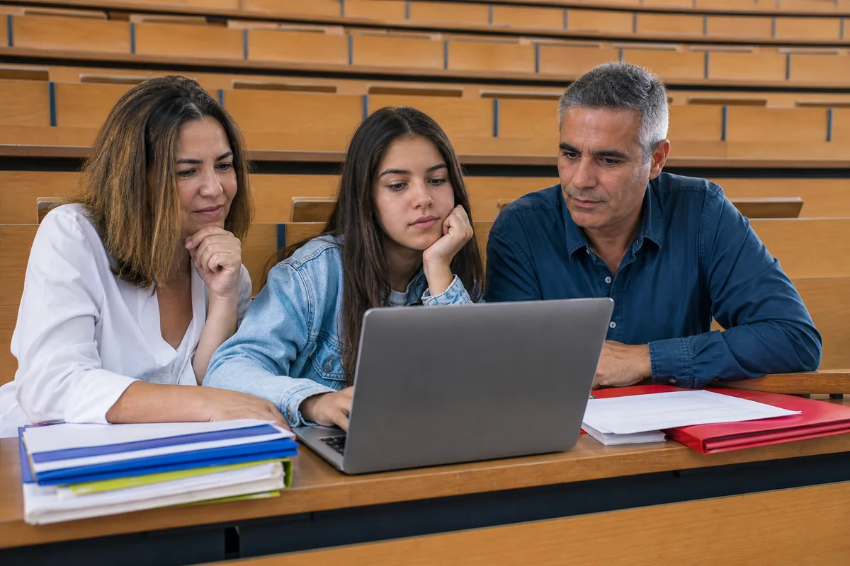Jovem brasileira e os pais a preparar a candidatura a uma faculdade em Portugal