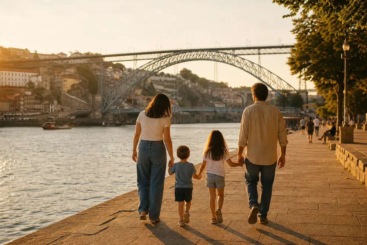 Família de mãos dadas a caminhar junto ao rio Douro, no Porto, com a ponte Dom Luís I ao fundo