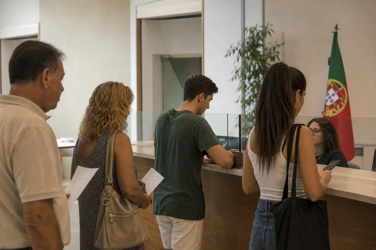 Escritório pequeno com mapa-múndi na parede, para a filial de uma empresa brasileira em Portugal