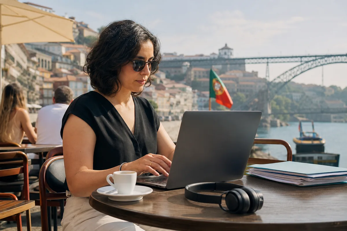 Desenvolvedora brasileira a trabalhar remoto numa varanda em Portugal