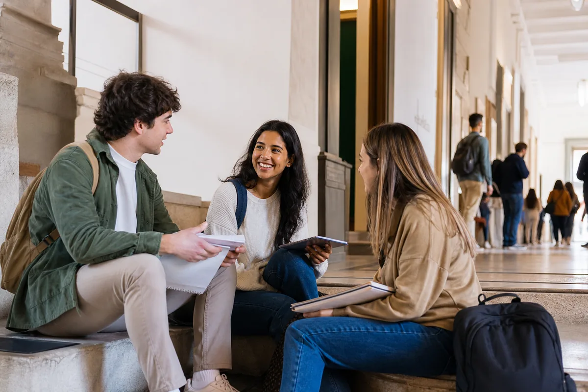 Estudantes de intercâmbio conversando num campus universitário em Portugal