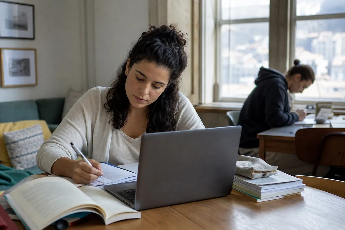 Estudante brasileira de mestrado estudando numa universidade em Portugal