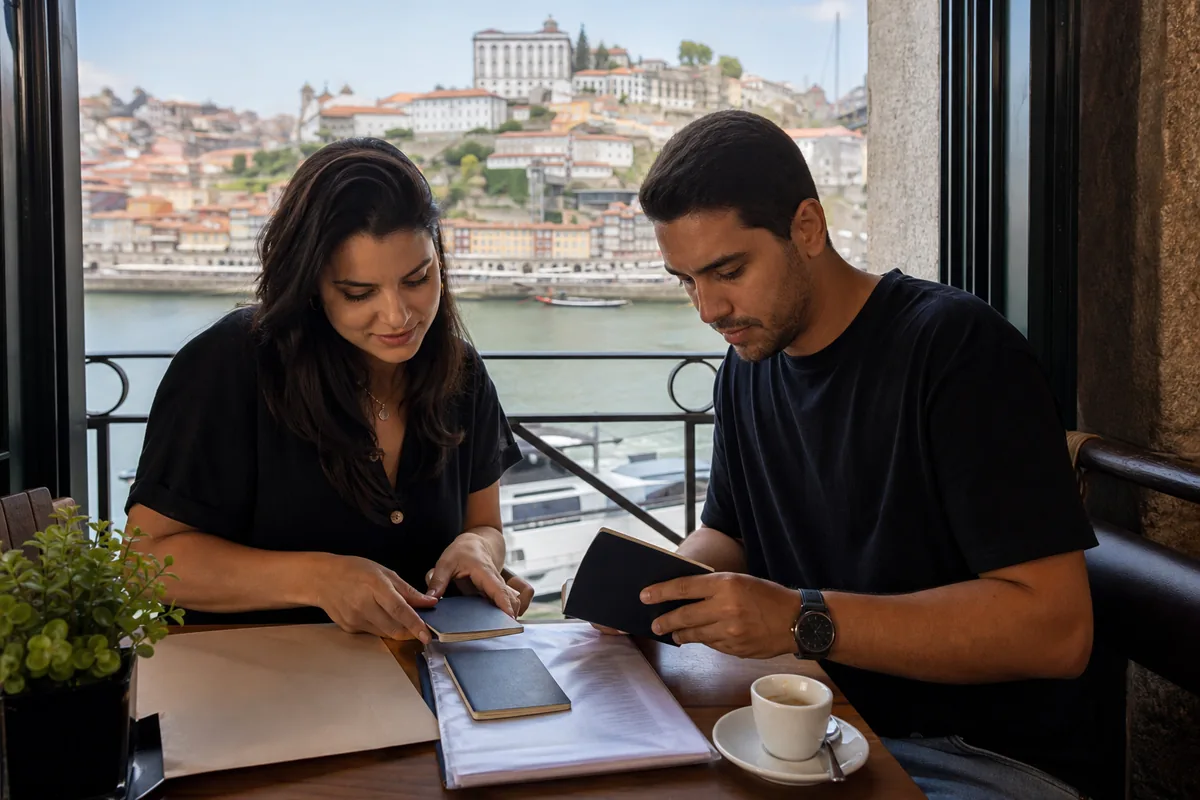 Casal brasileiro com cidadania espanhola organizando os documentos da mudança para Portugal