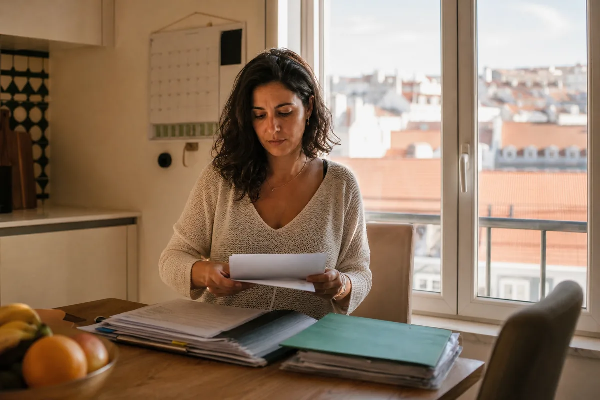Brasileira organizando documentos de residência em casa, em Lisboa