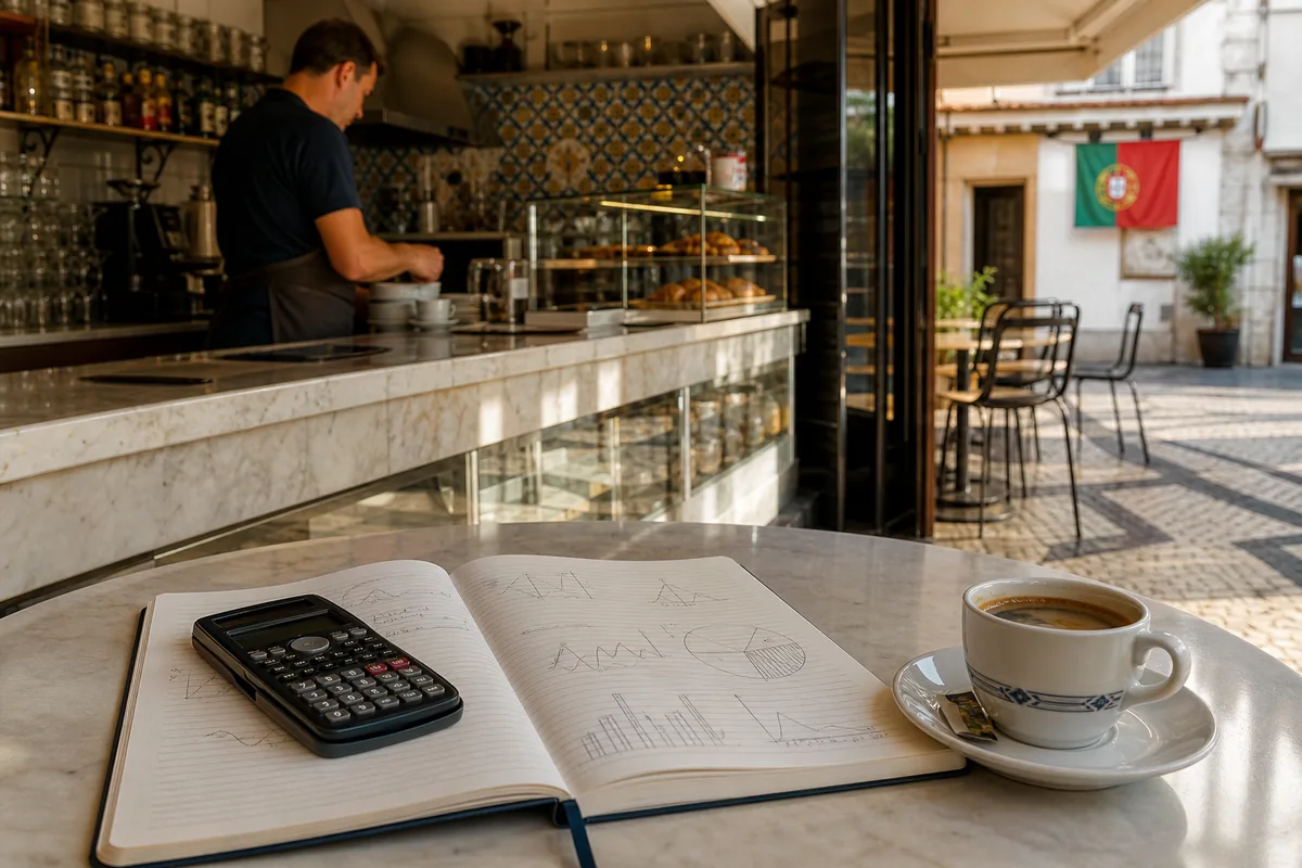 Caderno com esboços do plano de negócios numa esplanada em Portugal