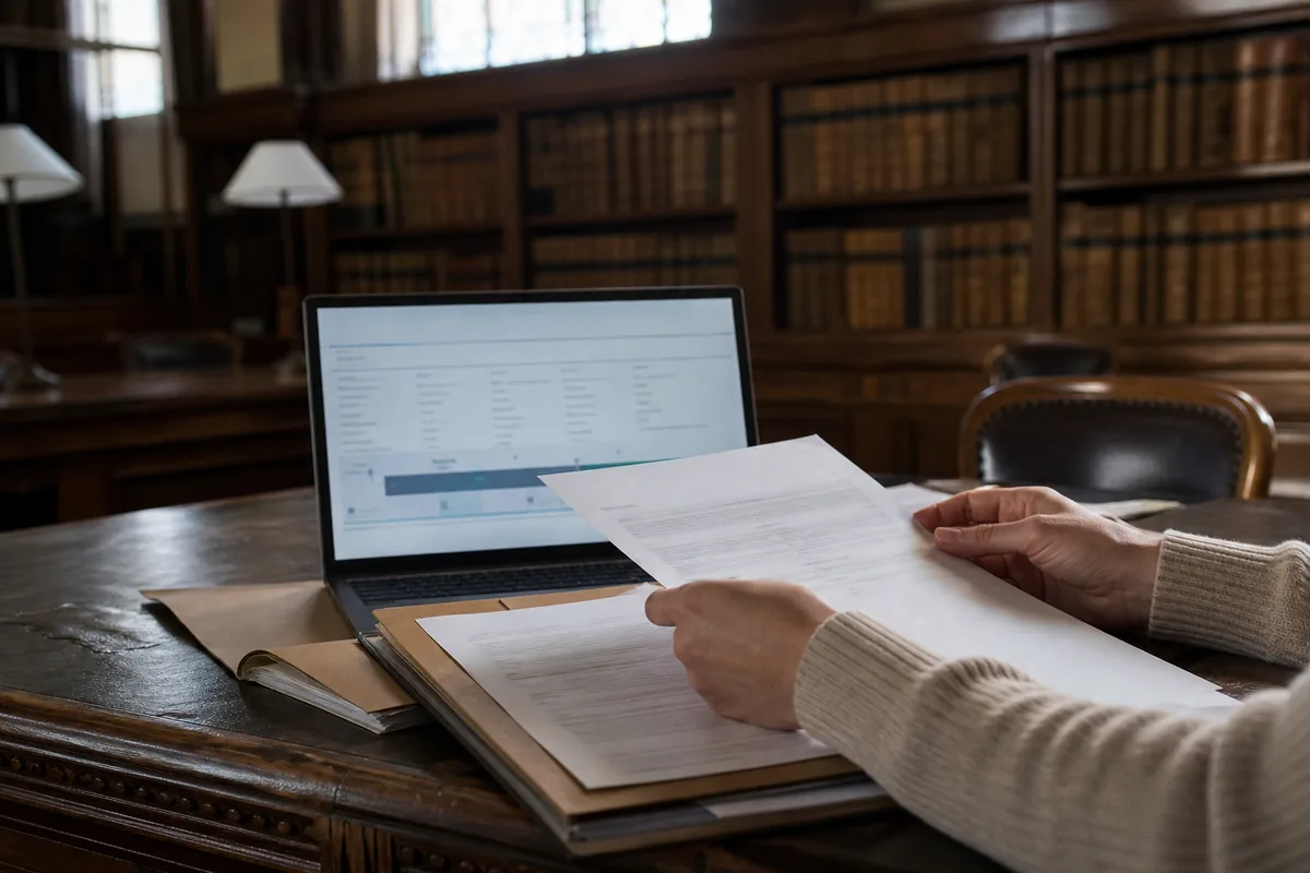 Pessoa organizando comprovativos e documentos de um pedido de nacionalidade portuguesa