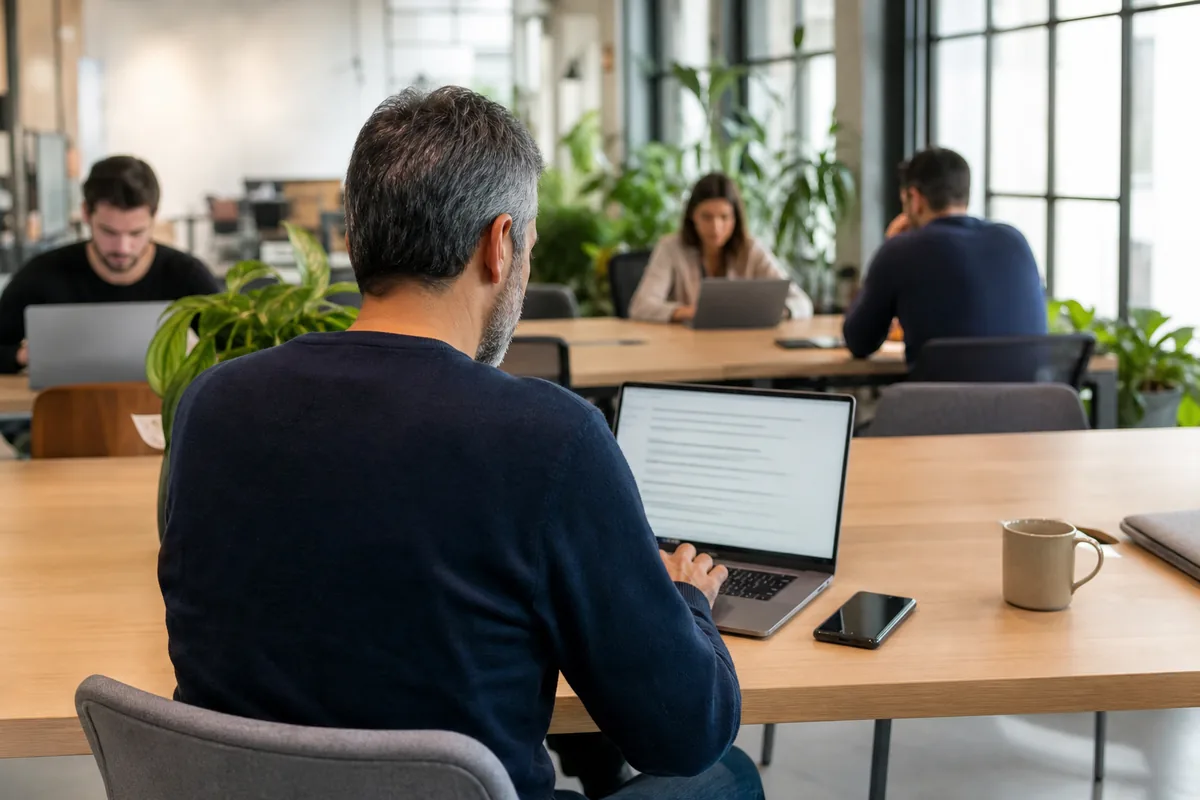 Professor a preparar aulas no computador num espaço de trabalho partilhado