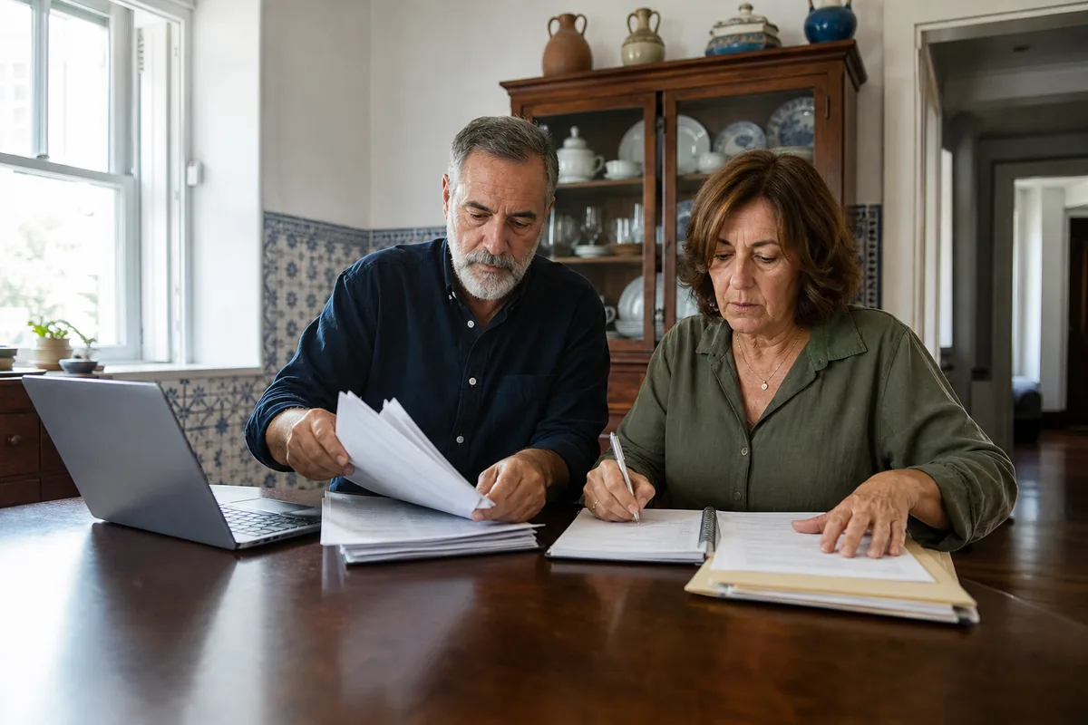 Casal a organizar documentos e o orçamento do visto D7