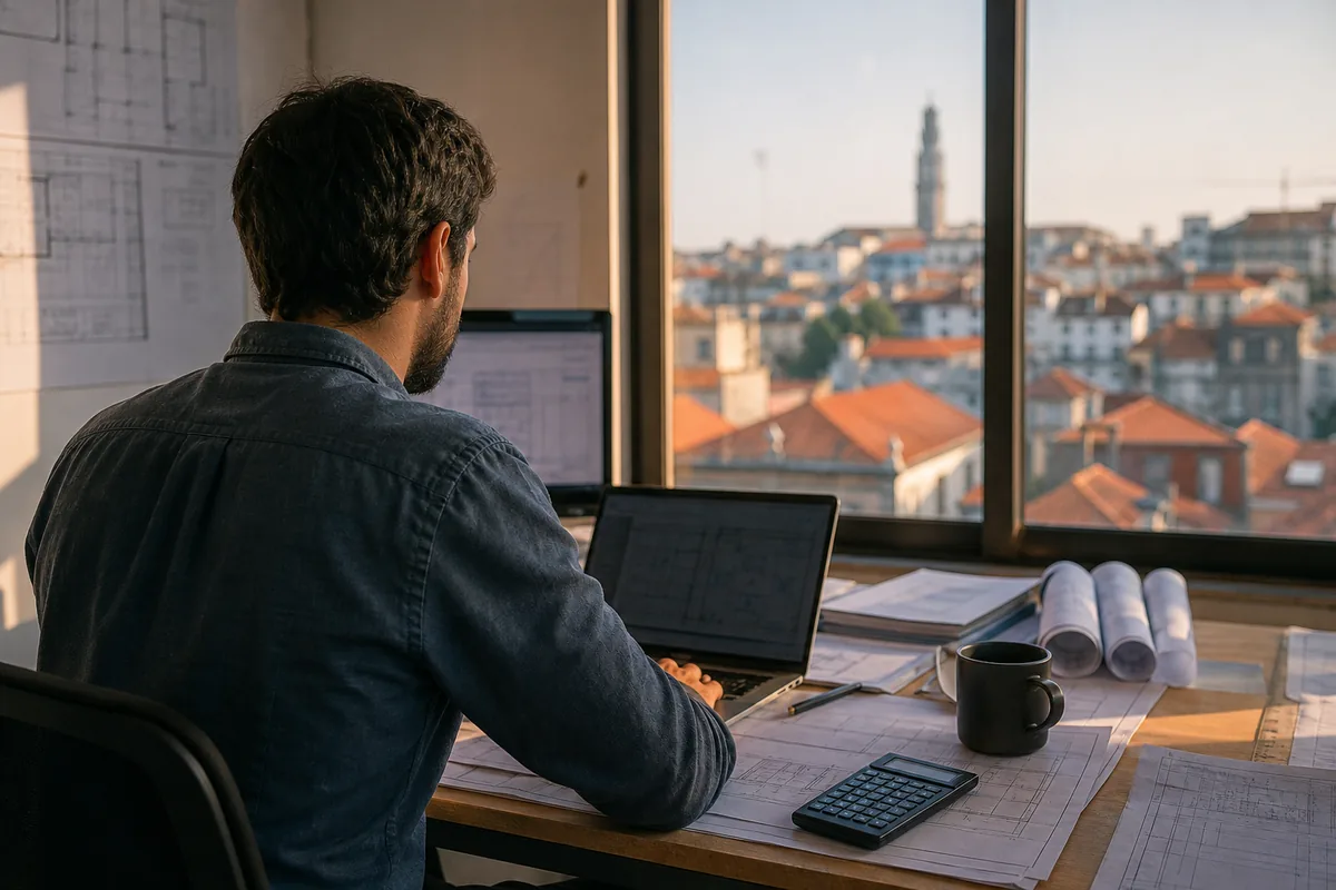 Engenheiro a trabalhar num escritório com vista para a cidade