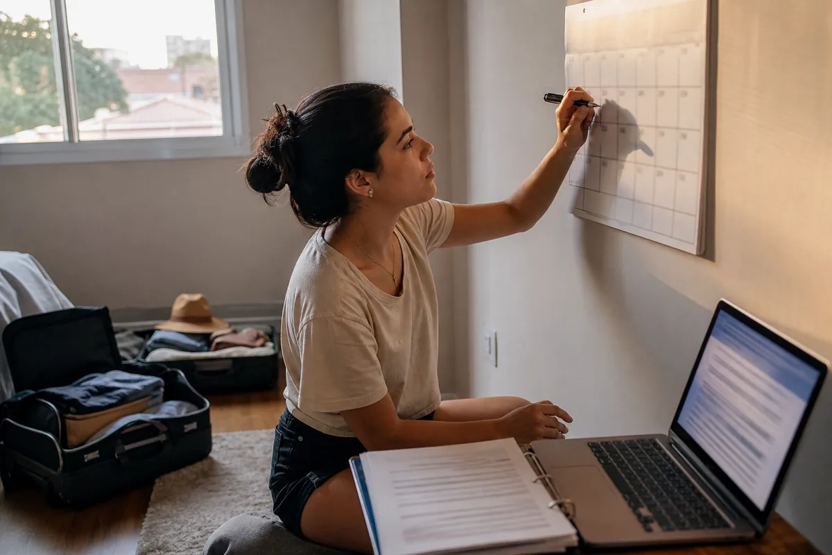 Estudante a planejar no calendário as datas do visto de estudante para Portugal