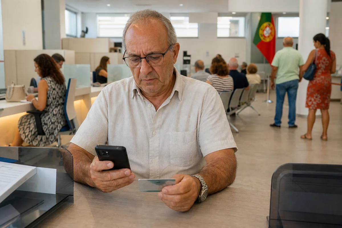 Aposentado a consultar no telemóvel o pagamento do benefício