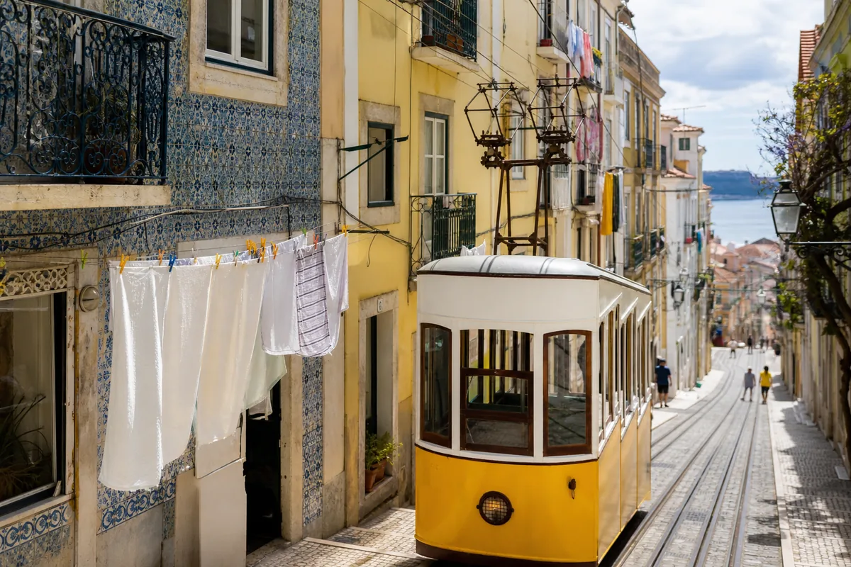 Elétrico amarelo numa rua de Alfama, em Lisboa