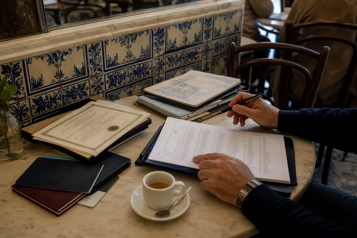 Documentos e certificados organizados para pedido de nacionalidade portuguesa