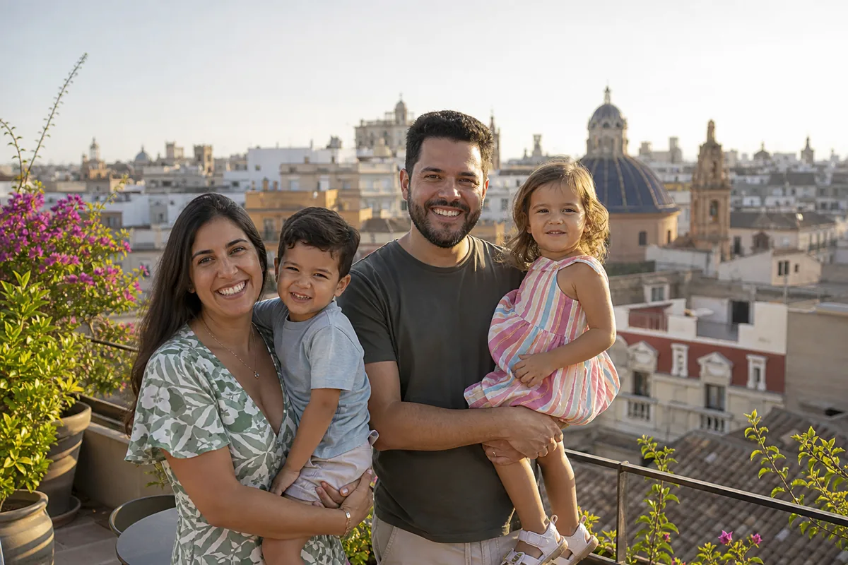 Família brasileira a passear numa praça da Espanha
