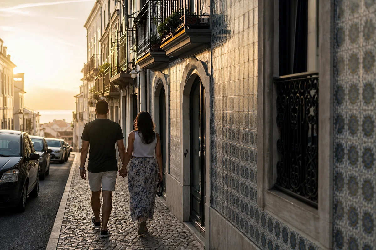 Casal a caminhar numa rua residencial portuguesa com fachadas de azulejo
