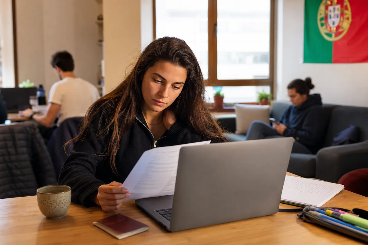 Estudante a comparar coberturas de seguro de saúde para o visto de estudante