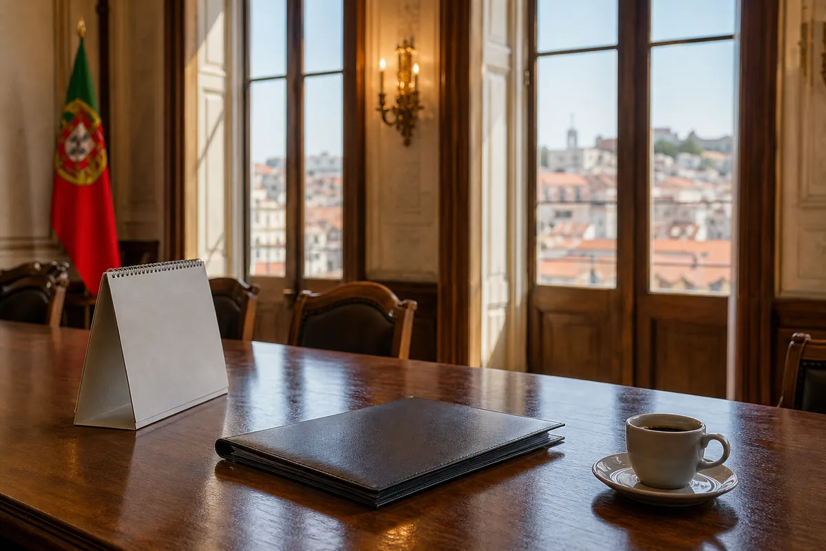 Calendário e pasta de documentos numa mesa com vista para os telhados de Lisboa