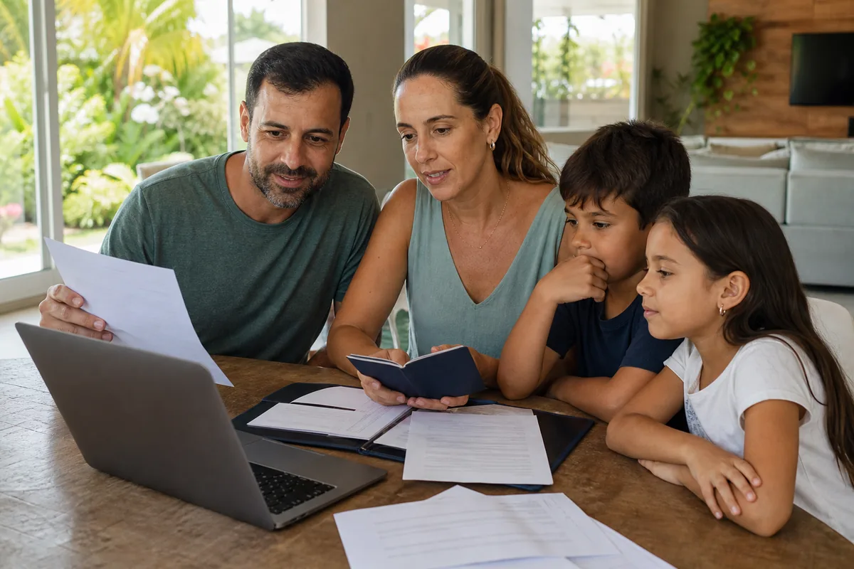 Família organizando os documentos e os custos do visto