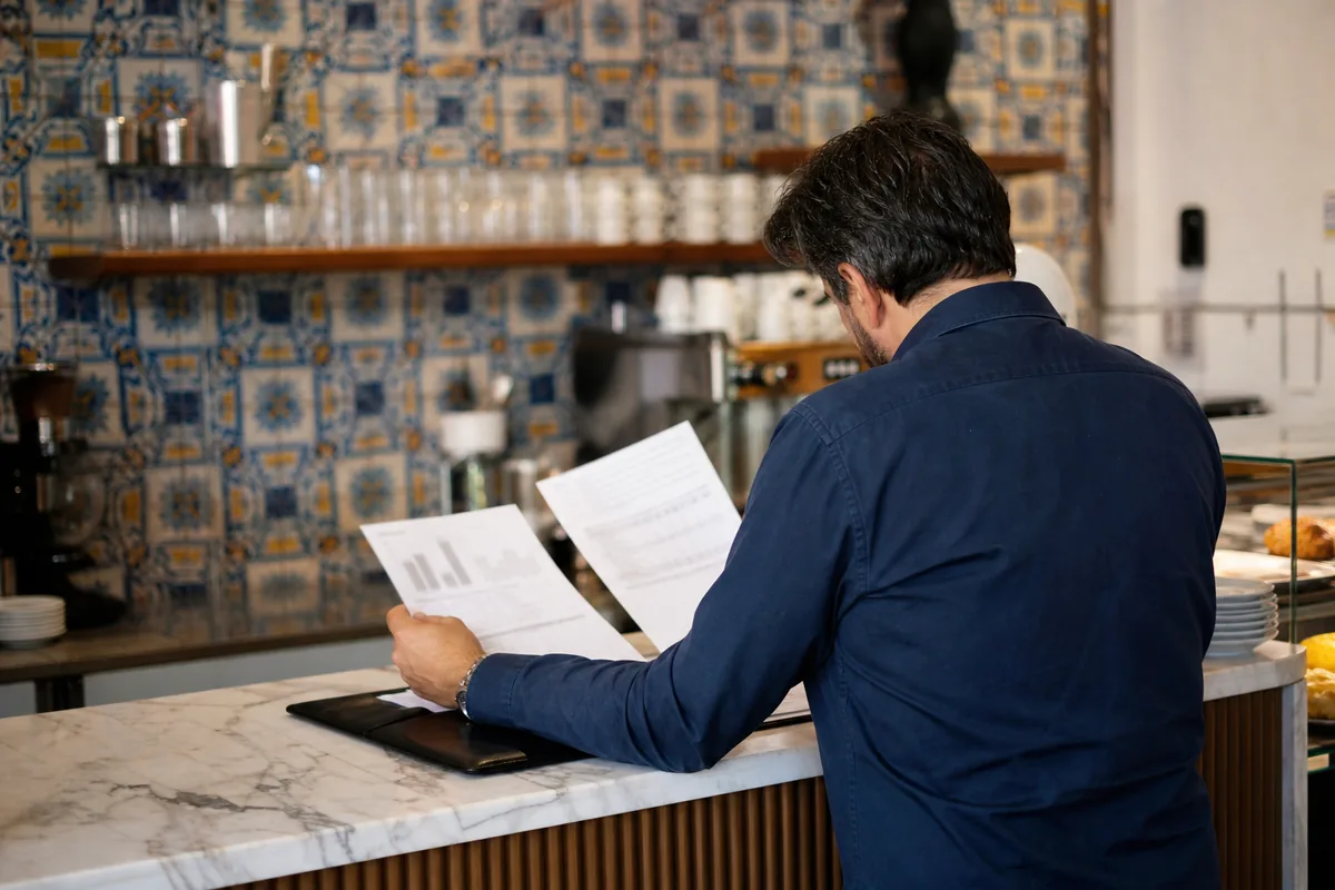 Empreendedor revendo o plano de negócios num café em Portugal