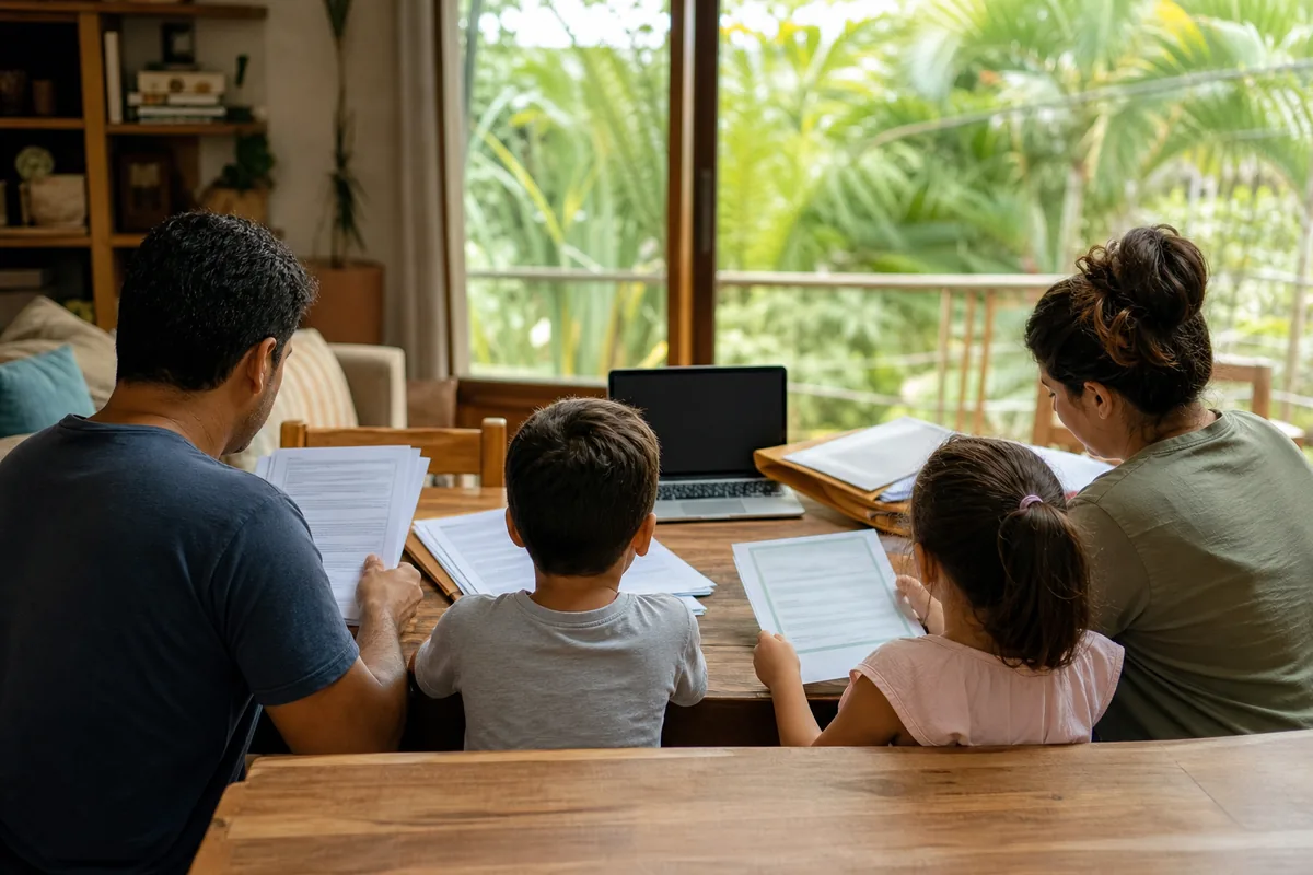 Família organizando documentos para a mudança