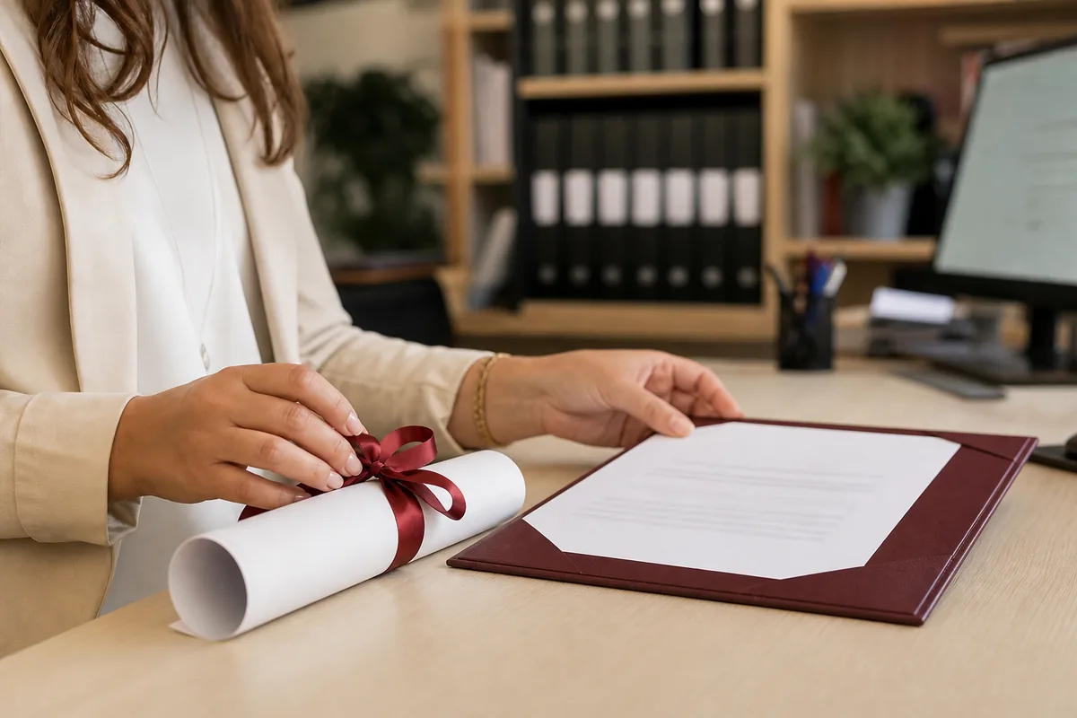 Diploma e certificados organizados sobre uma mesa