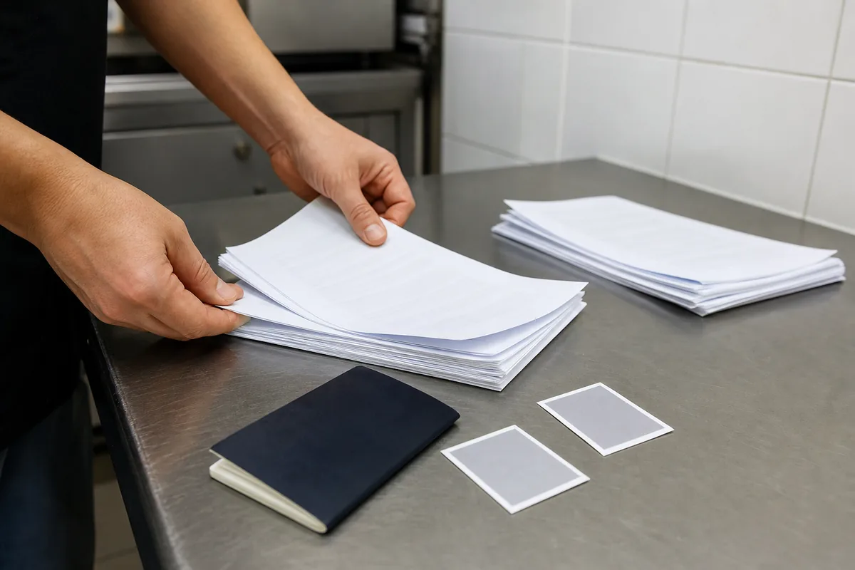 Pessoa organizando folhas e passaporte para o pedido do visto D3