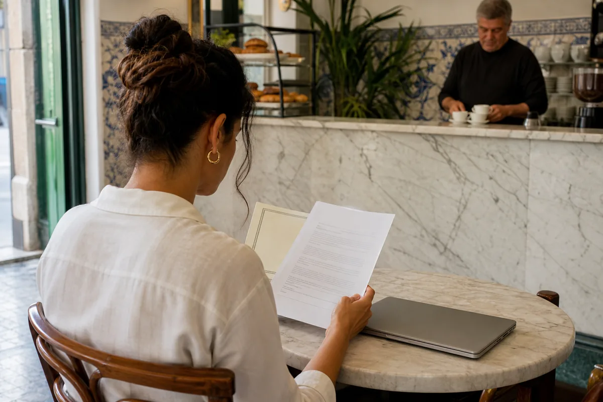 Profissional lendo um contrato de trabalho e o diploma