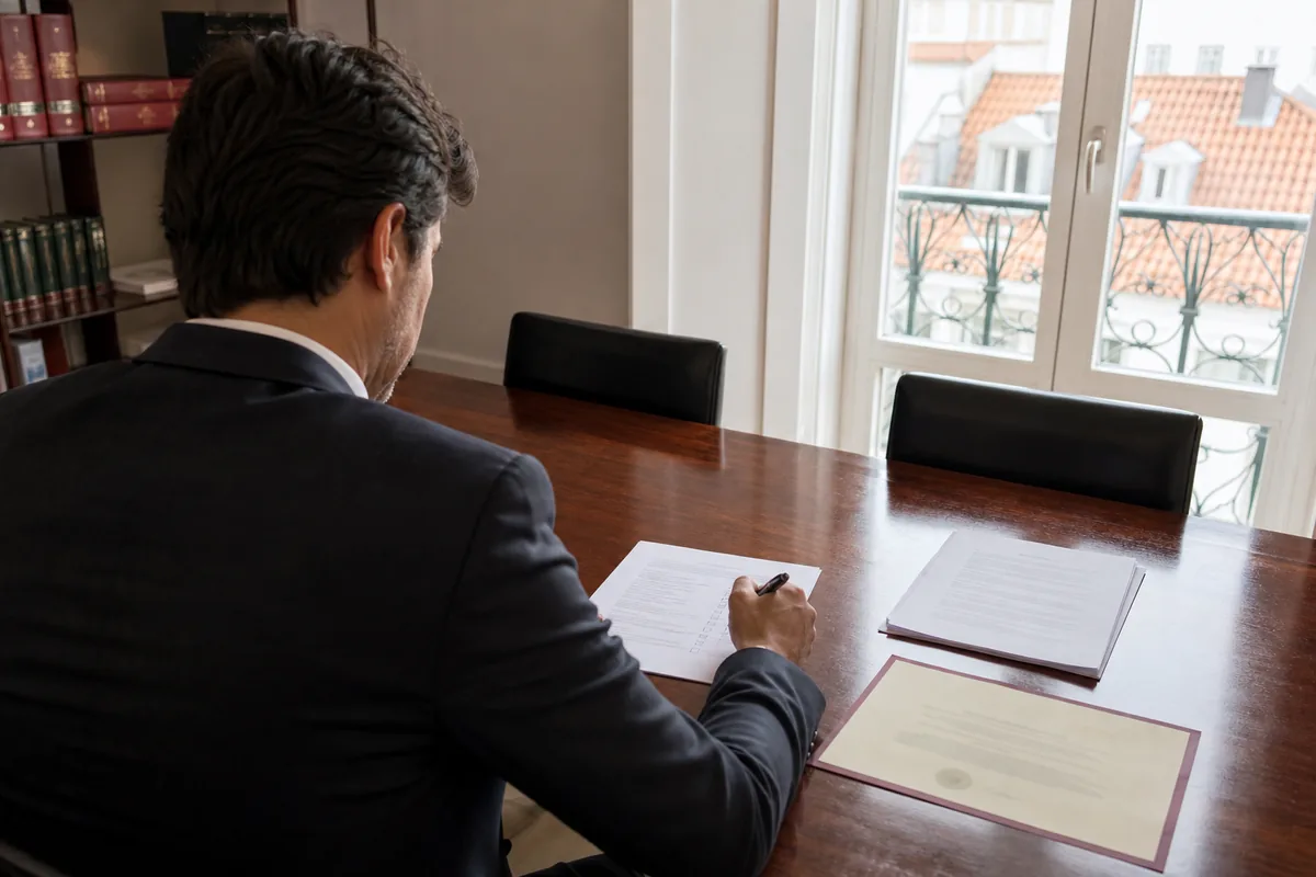 Profissional conferindo uma lista de requisitos ao lado do contrato e do diploma