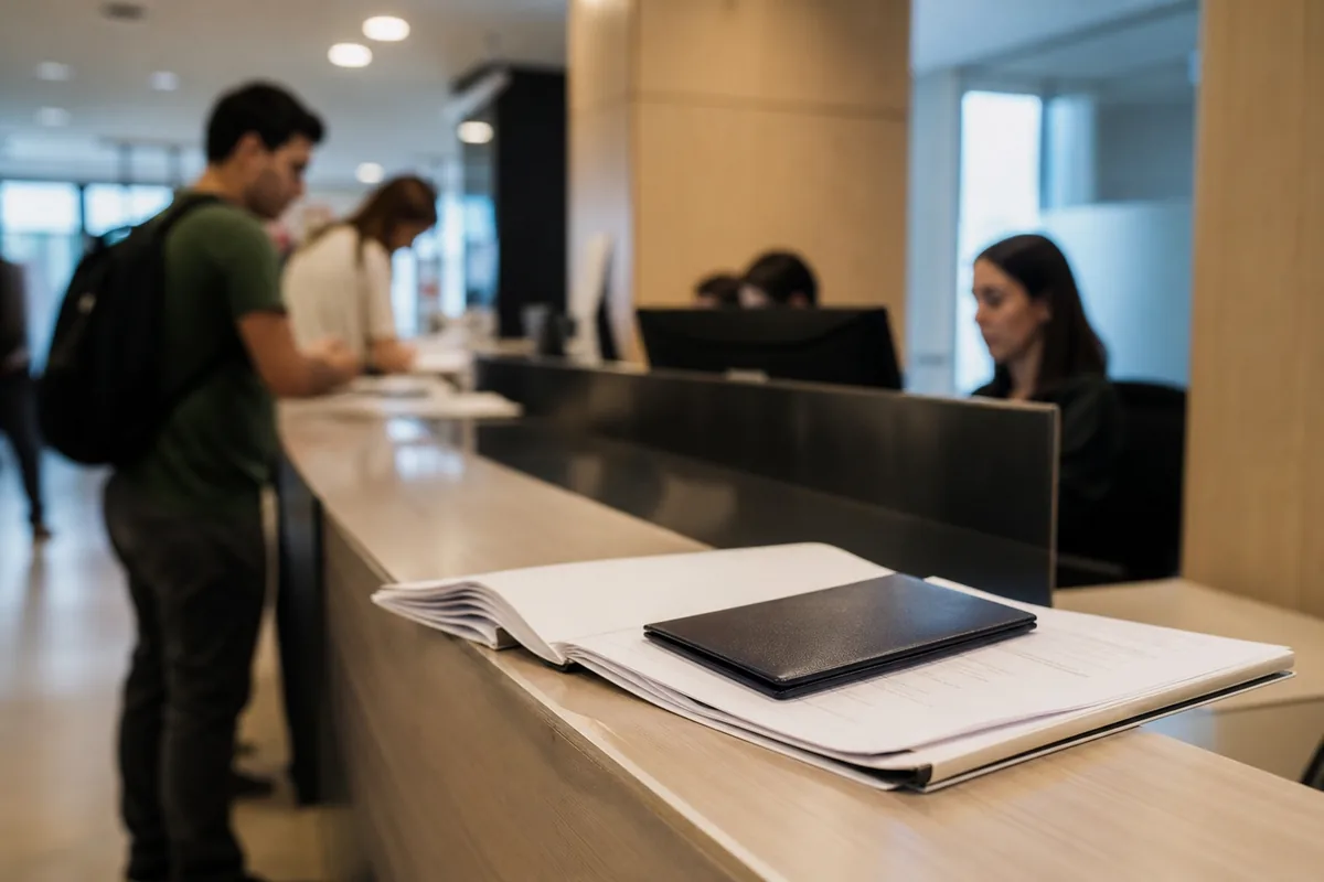 Balcão de atendimento com pasta de documentos e passaporte