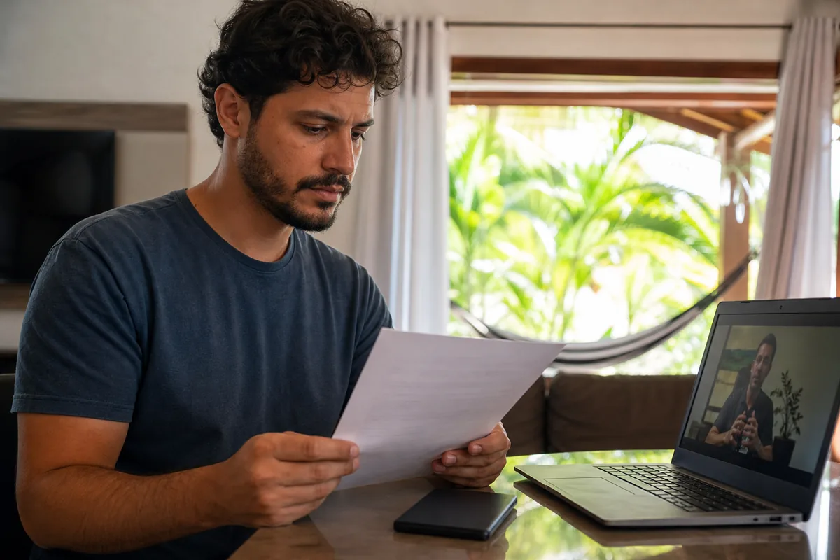 Trabalhador brasileiro lendo uma promessa de contrato de trabalho para Portugal