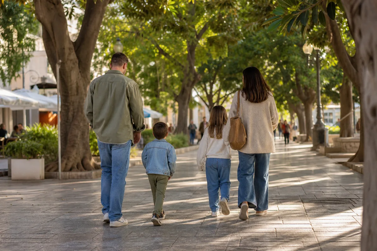 Família caminhando numa praça de uma cidade espanhola