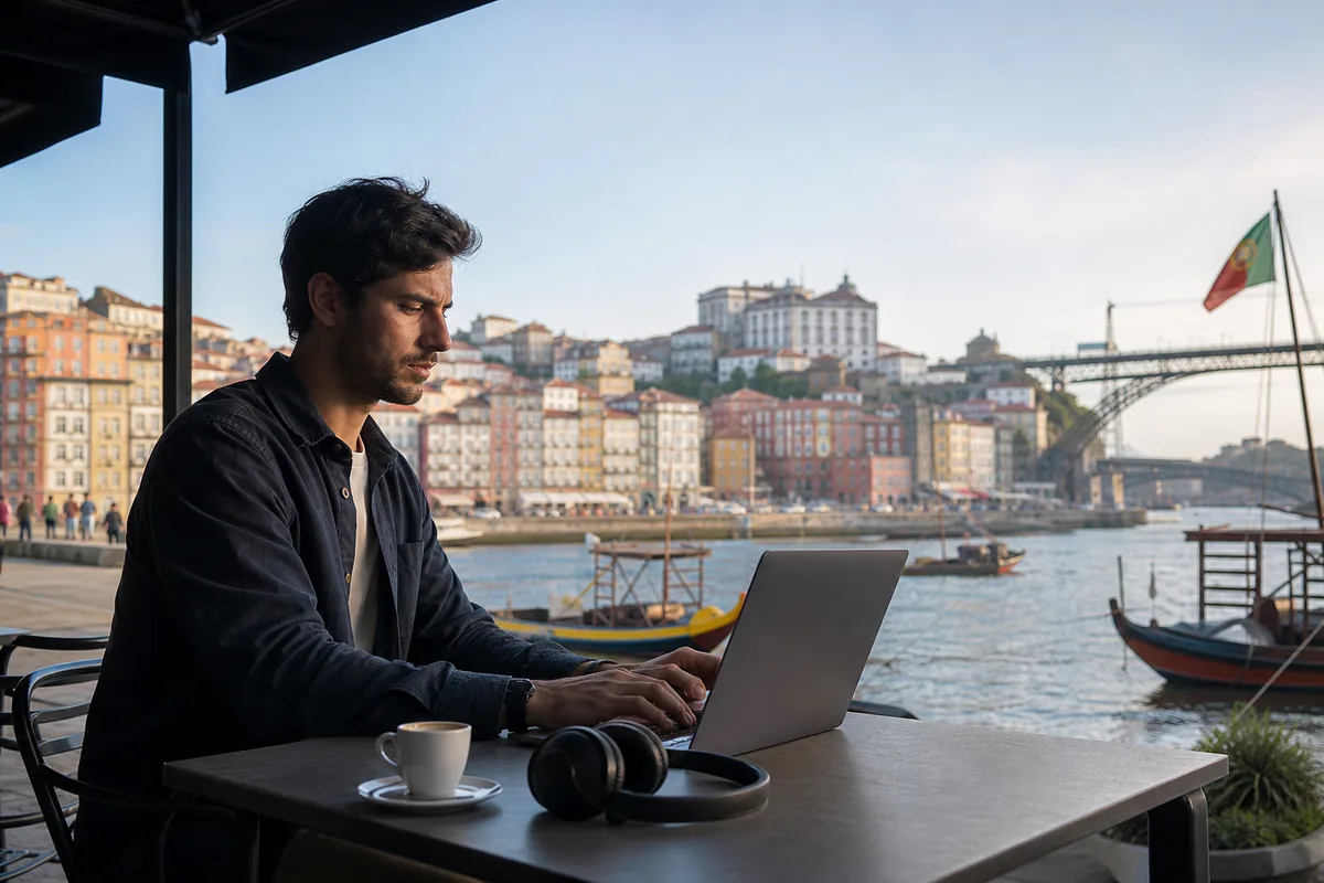 Profissional de tecnologia trabalhando remoto num apartamento em Lisboa