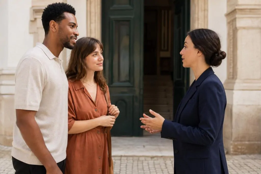 An international couple discussing marriage arrangements in Portugal