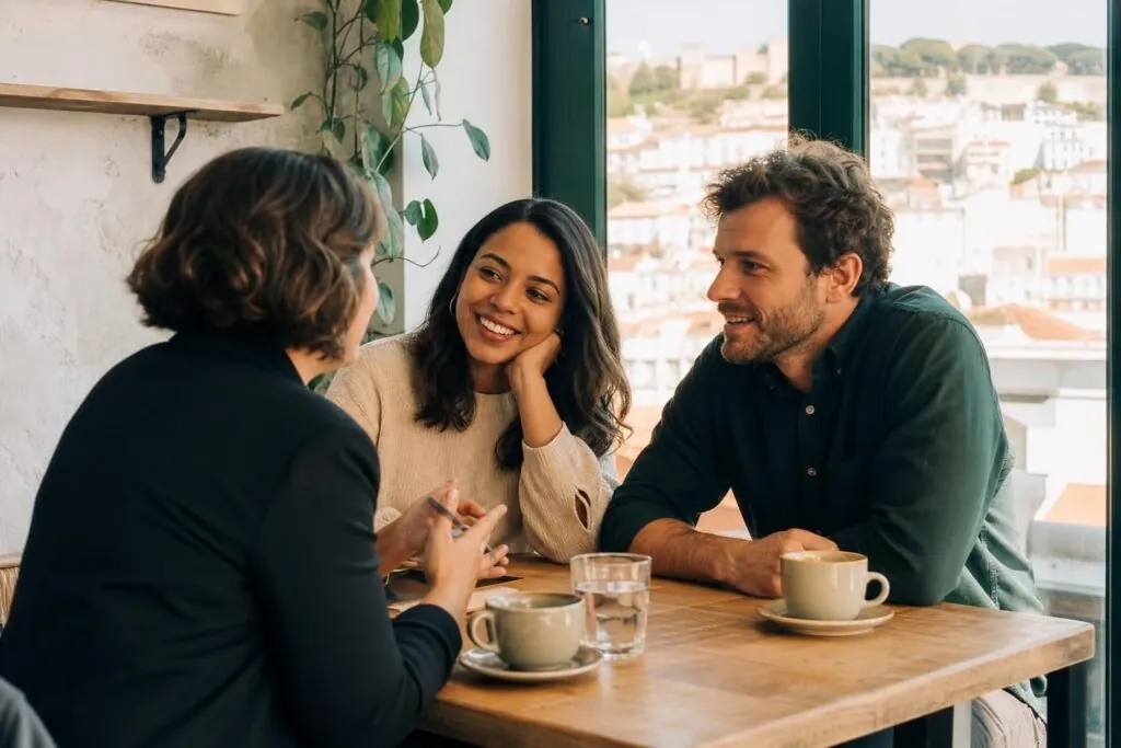 Casal conversa sobre casamento por procuração em Portugal