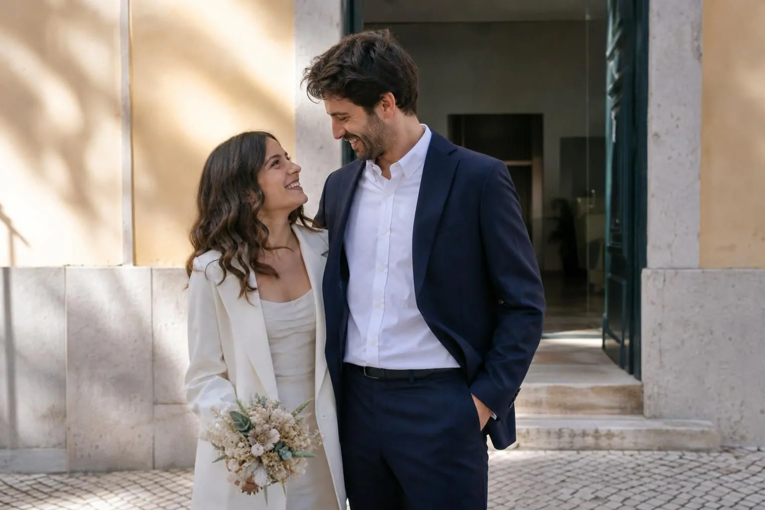 Casal diante de um registo civil em Portugal