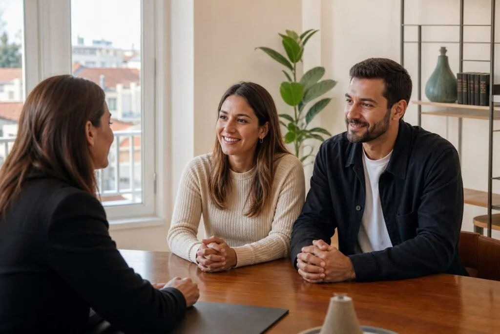 Casal conversa com advogado sobre casamento em Portugal
