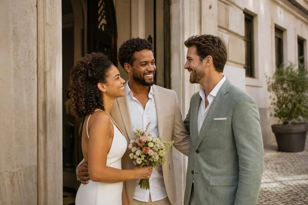 Casal se preparando para casar em Portugal diante de um edifício histórico