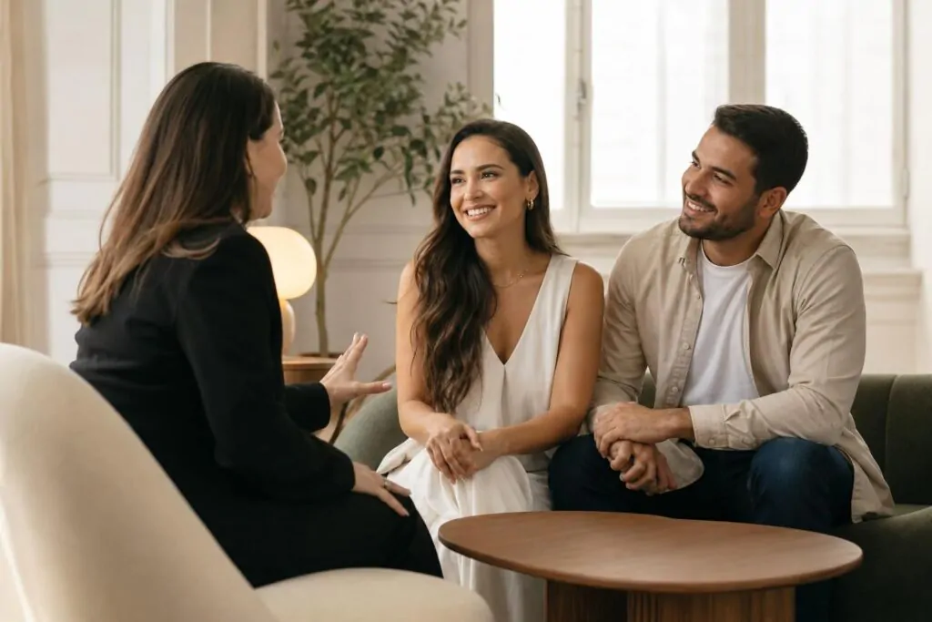 Casal conversa com advogado sobre os documentos para casar em Portugal