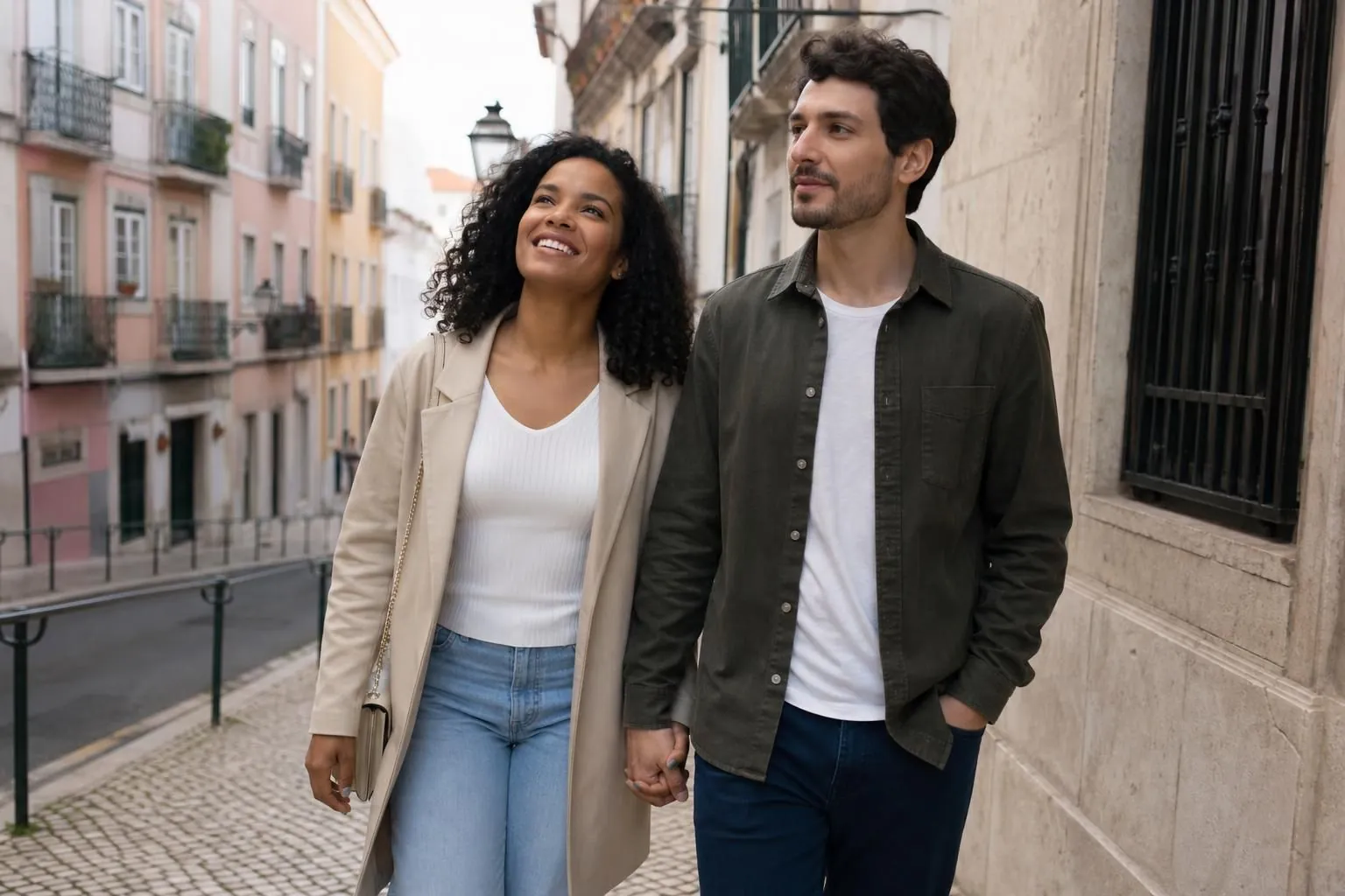 Casal caminhando em Lisboa depois de buscar informações sobre o casamento